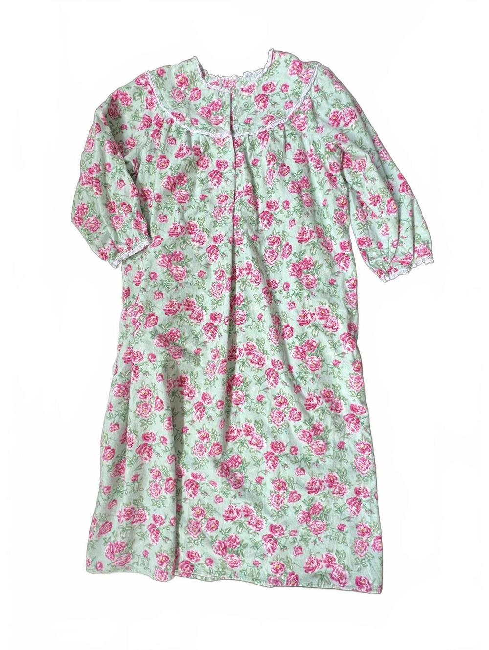Landz Floral Long Flannel Night Gown with Lace Trim - 1X